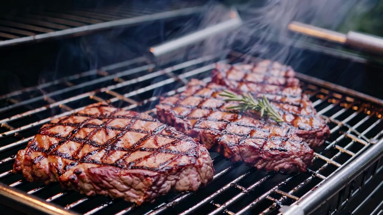 Succulente bistecche di manzo che grigliano su un barbecue rovente