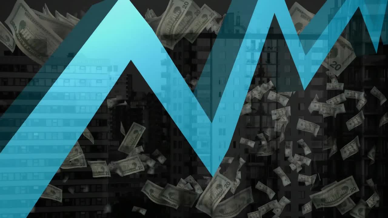 gráficos azules sobre billetes de dólares estadounidenses que caen contra edificios altos en el fondo