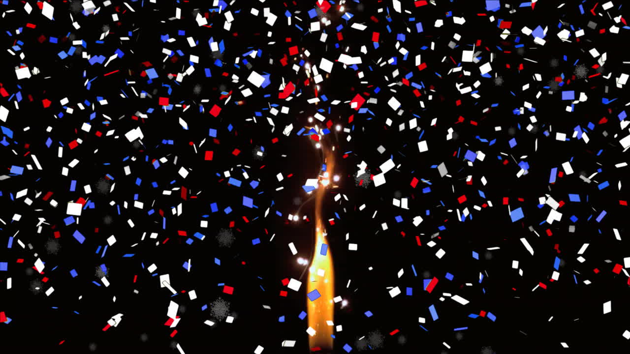 Confetti animation over burning candle on black background