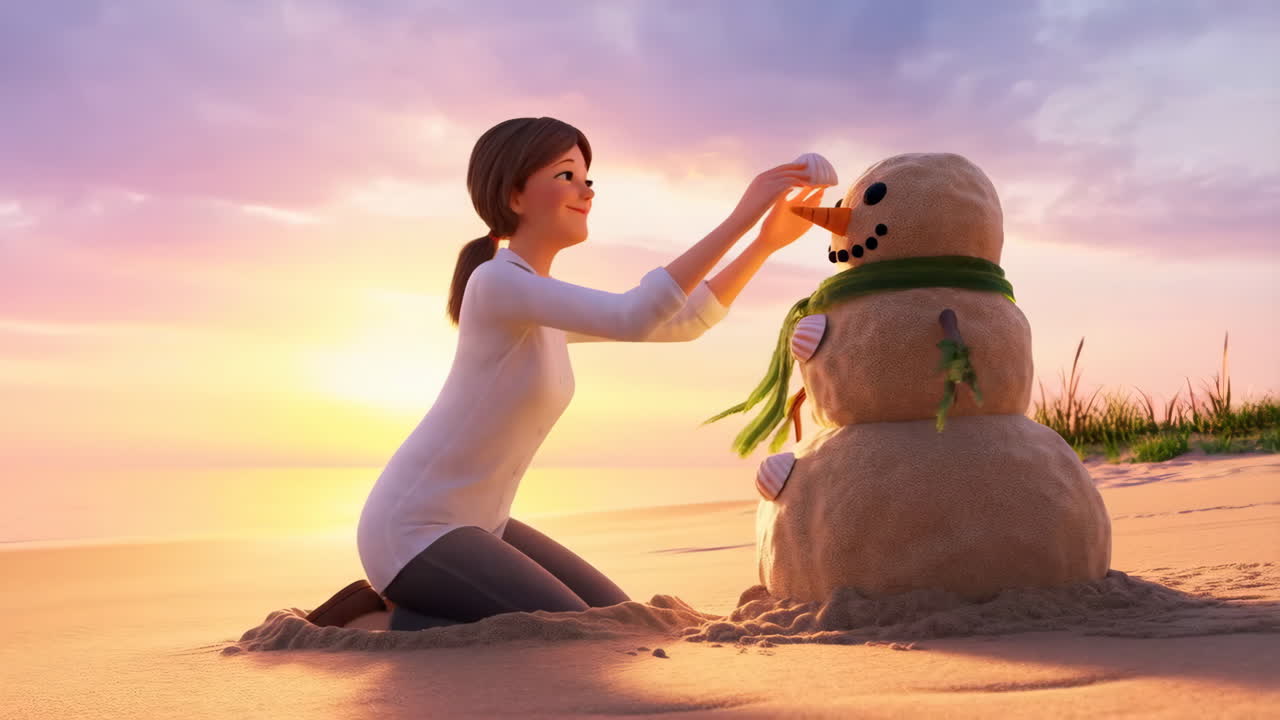 Woman Building a Sandman at Sunset