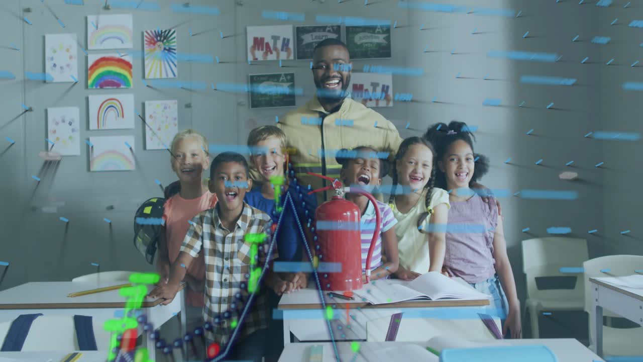 Horizontal blue lines sweeping and forming education data visualization over teacher with students