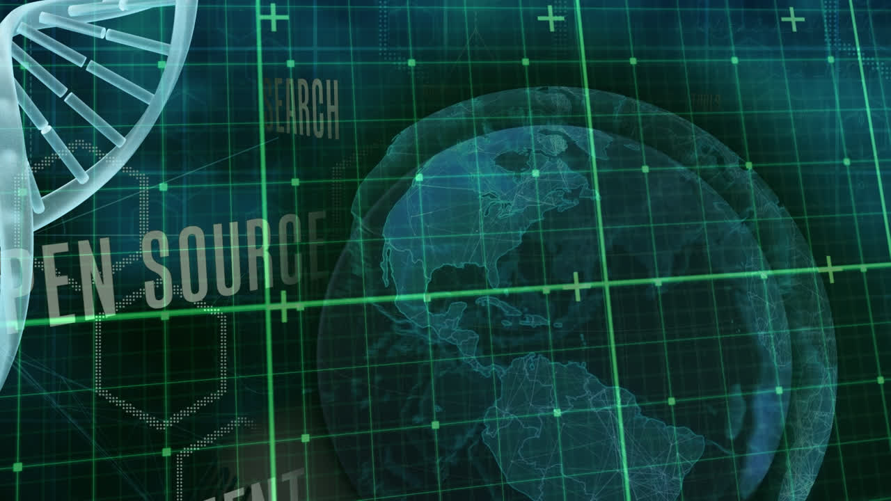 Animation of spinning dna strand over grid and globe