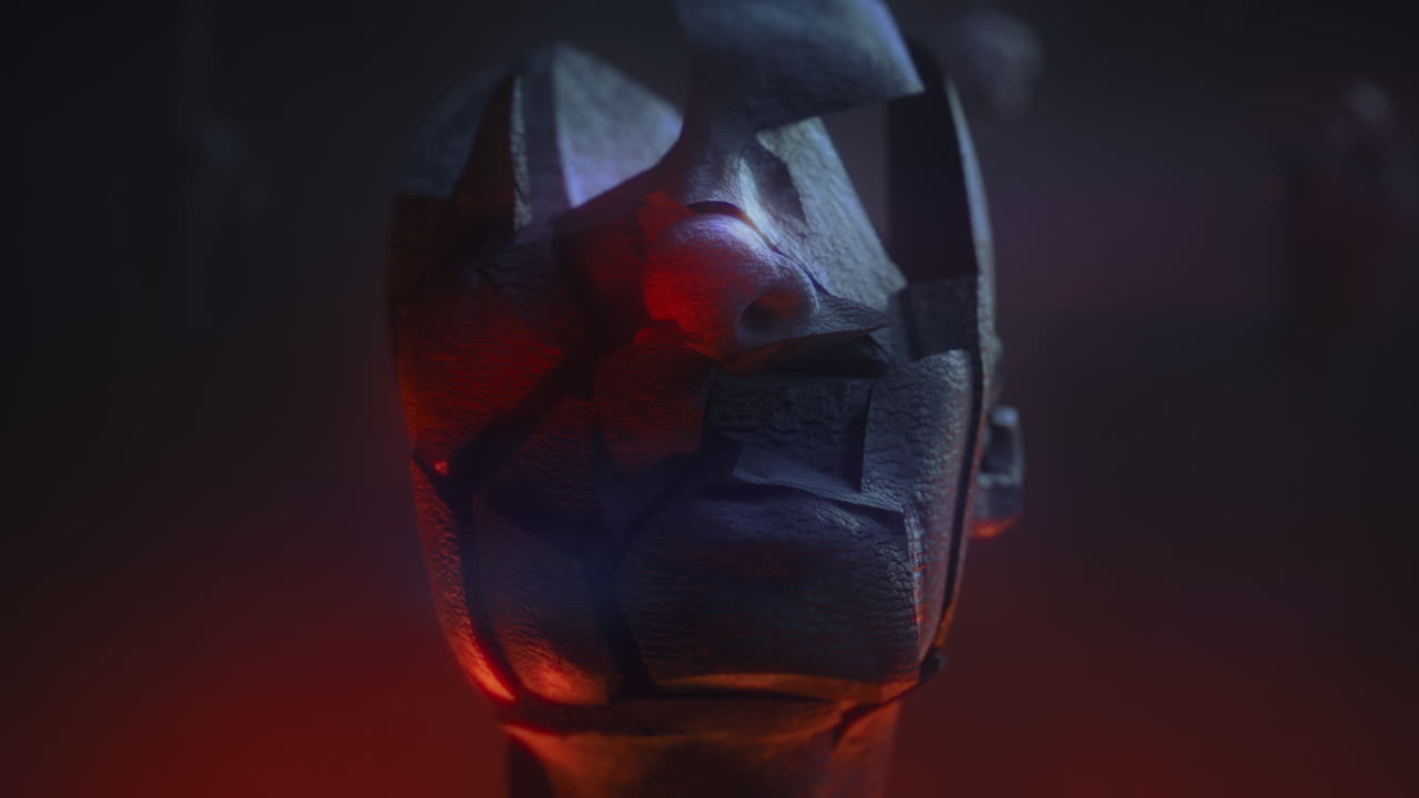 Crushed and burned android head on spike in hell