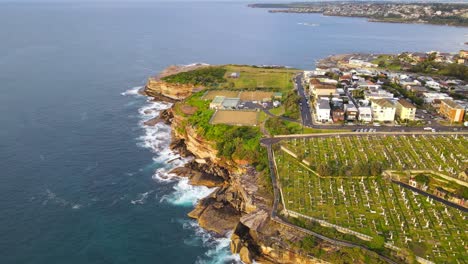 aerial view of waverly cemetery and burrows park sportsfield at bronte, new south wales, australia