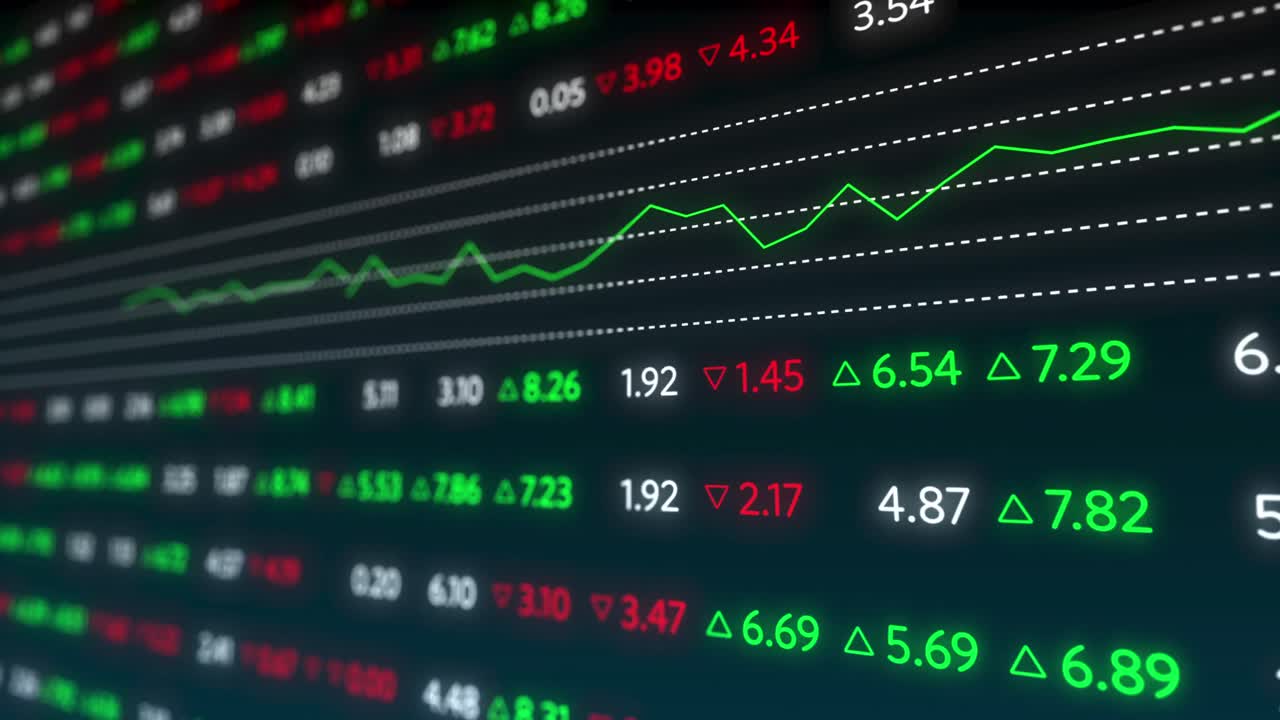 Animazione di un pannello display della borsa con grafici e numeri che cambiano.