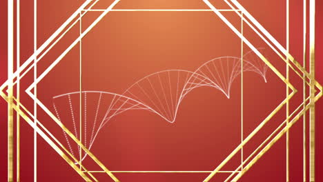 dna strand animation over geometric golden frame on red background