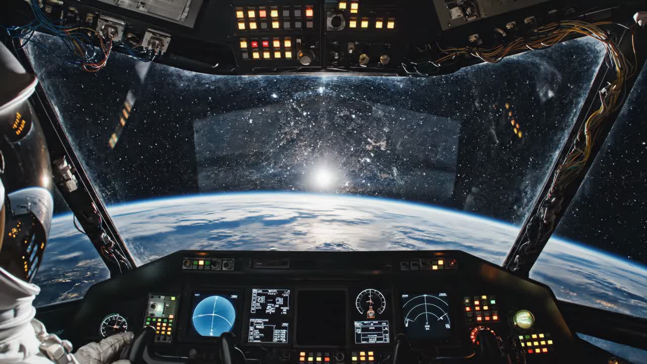Astronaut in Spaceship Cockpit Overlooking Earth