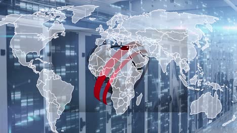 animation of globe and world map over server room