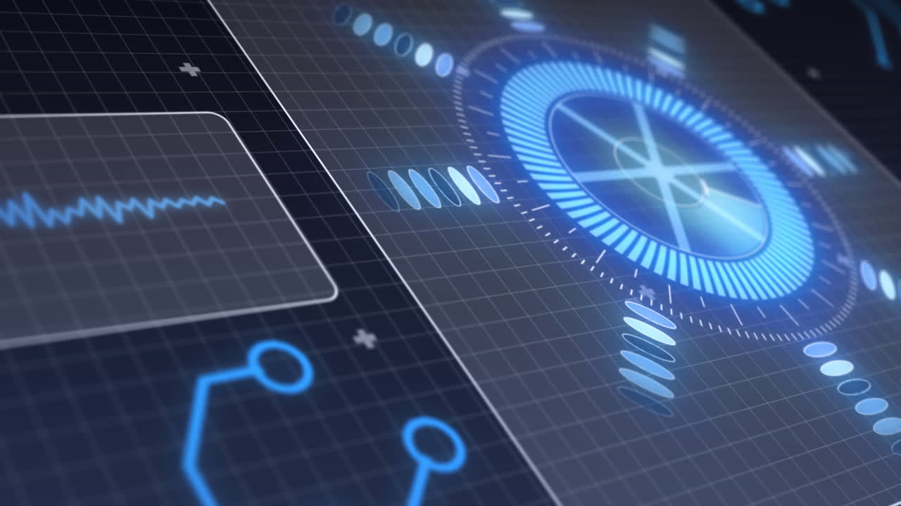 Animation of scope scanning, processor elements and data processing on screens over grid