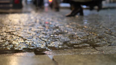 wet cobblestone street at night with people walking