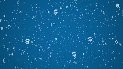 white symbols of currency us dollar falling on blue background. simple seamless loop business motion graphic animated elements