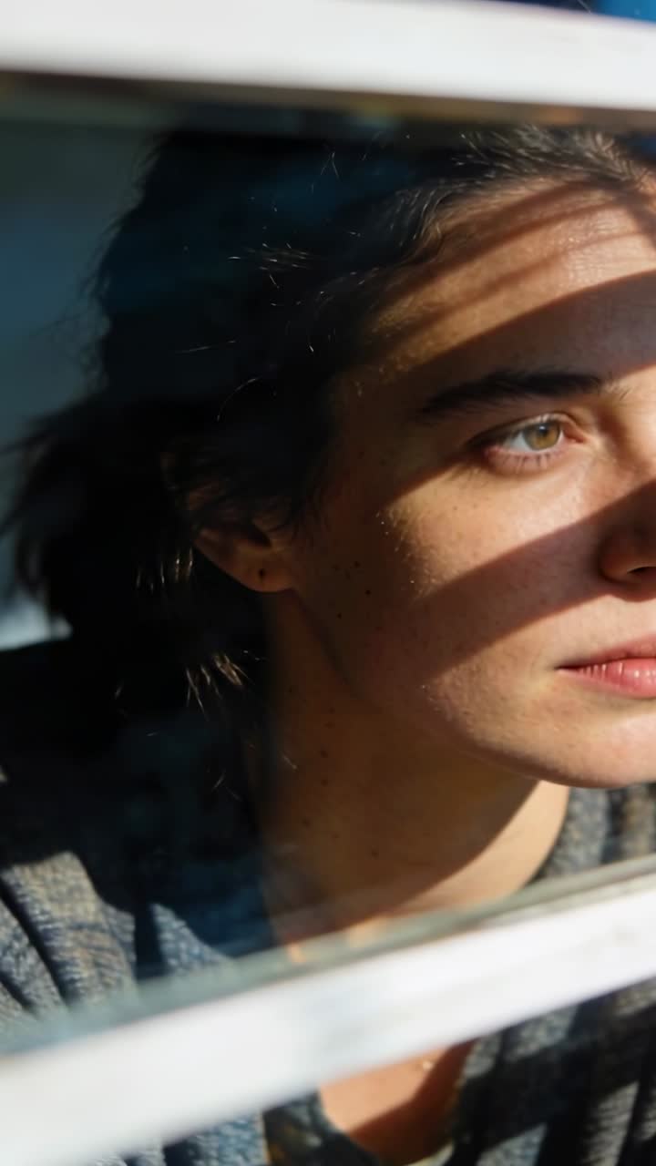 Video verticale: Il sole che si sposta tra le persiane spinge una donna con un top grigio ad alzare lo sguardo verso il vetro, con strisce d'ombra
