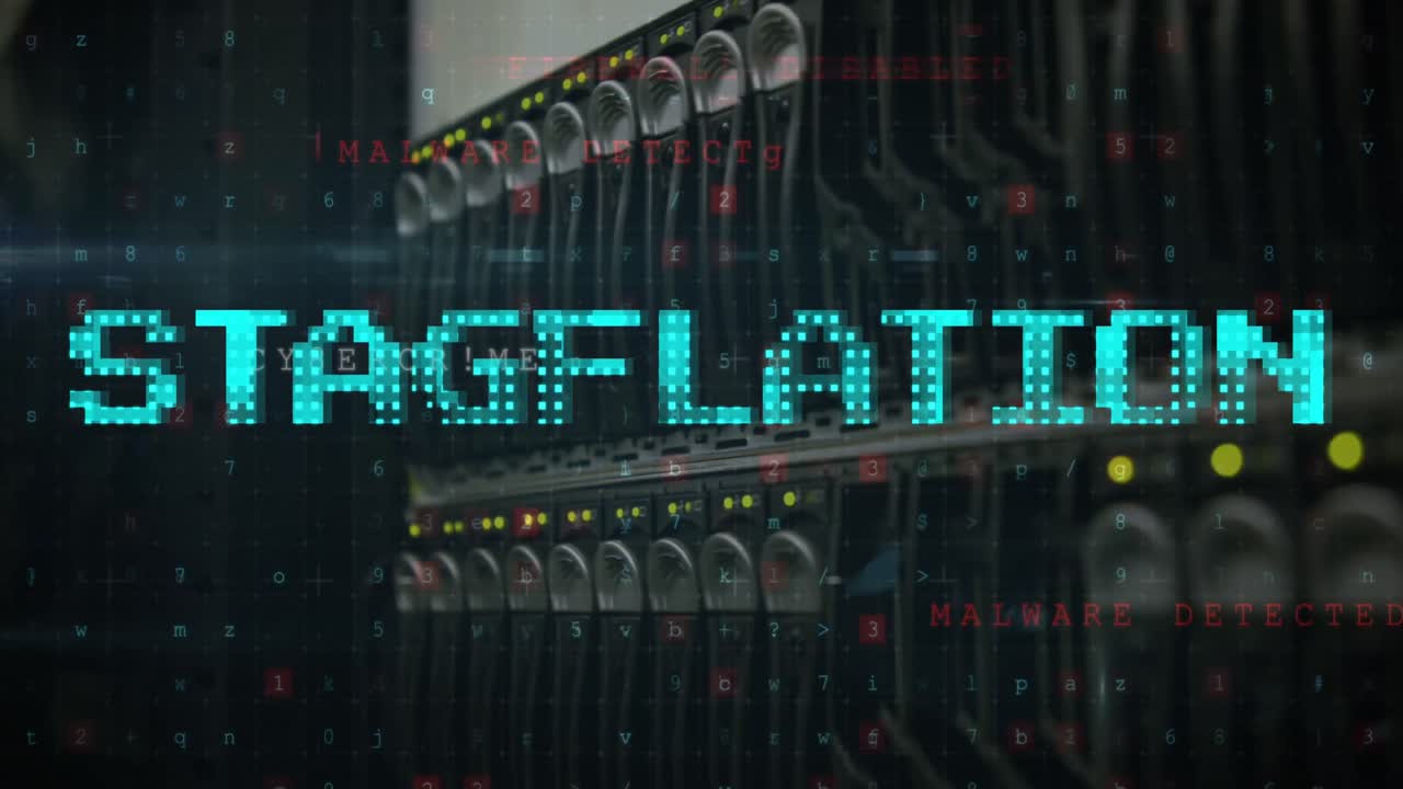 animación del procesamiento de datos y texto de estancamiento sobre la sala del servidor