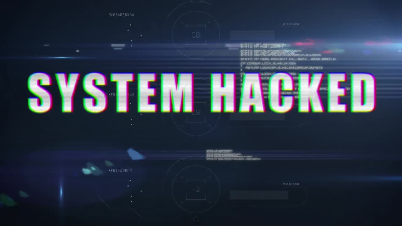Animation of white text, system hacked, with data processing and lights, on black