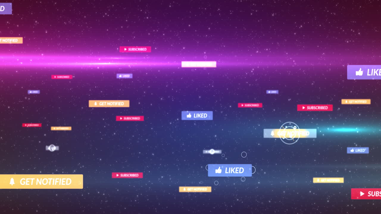 밤하늘의 다채로운 배너에 있는 소셜 미디어 아이콘과 텍스트 위의 커서의 애니메이션