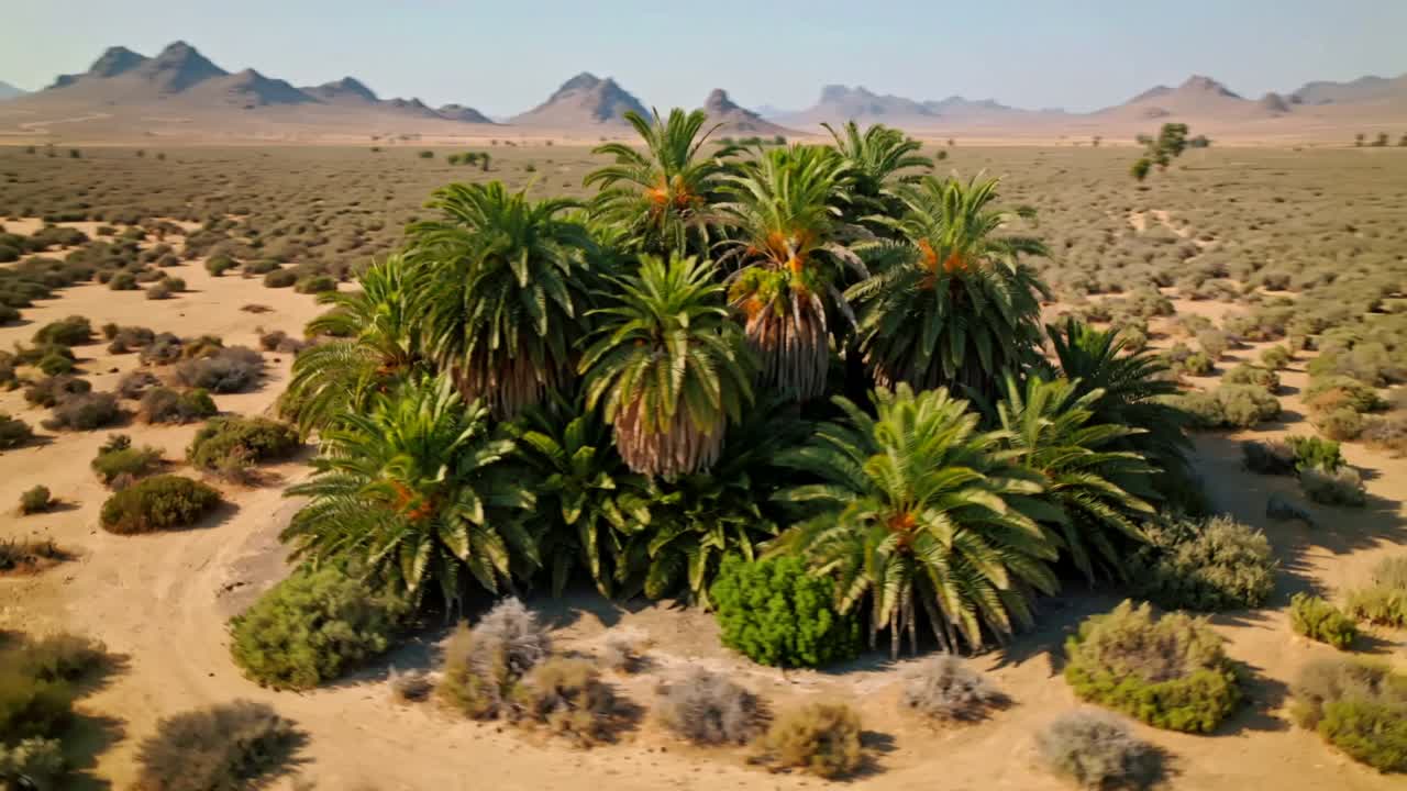 Telecamera di un drone che si avvicina su una pianura arida, rivelando fitte chiome di palme e ombre.