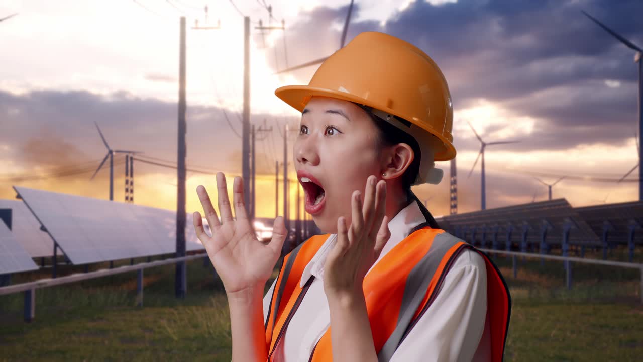 Close Up Side View Of Asian Female Engineer With Safety Helmet Smiling And Saying Wow With Solar Panel and Wind Turbines