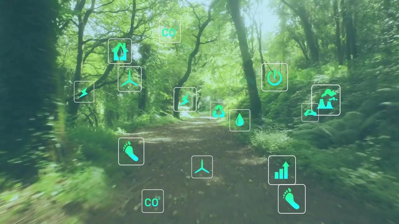 Telecamera che si muove lungo un sentiero nel bosco, icone color verde acqua che appaiono, parallasse che si sposta, mostrando metriche ecologiche.
