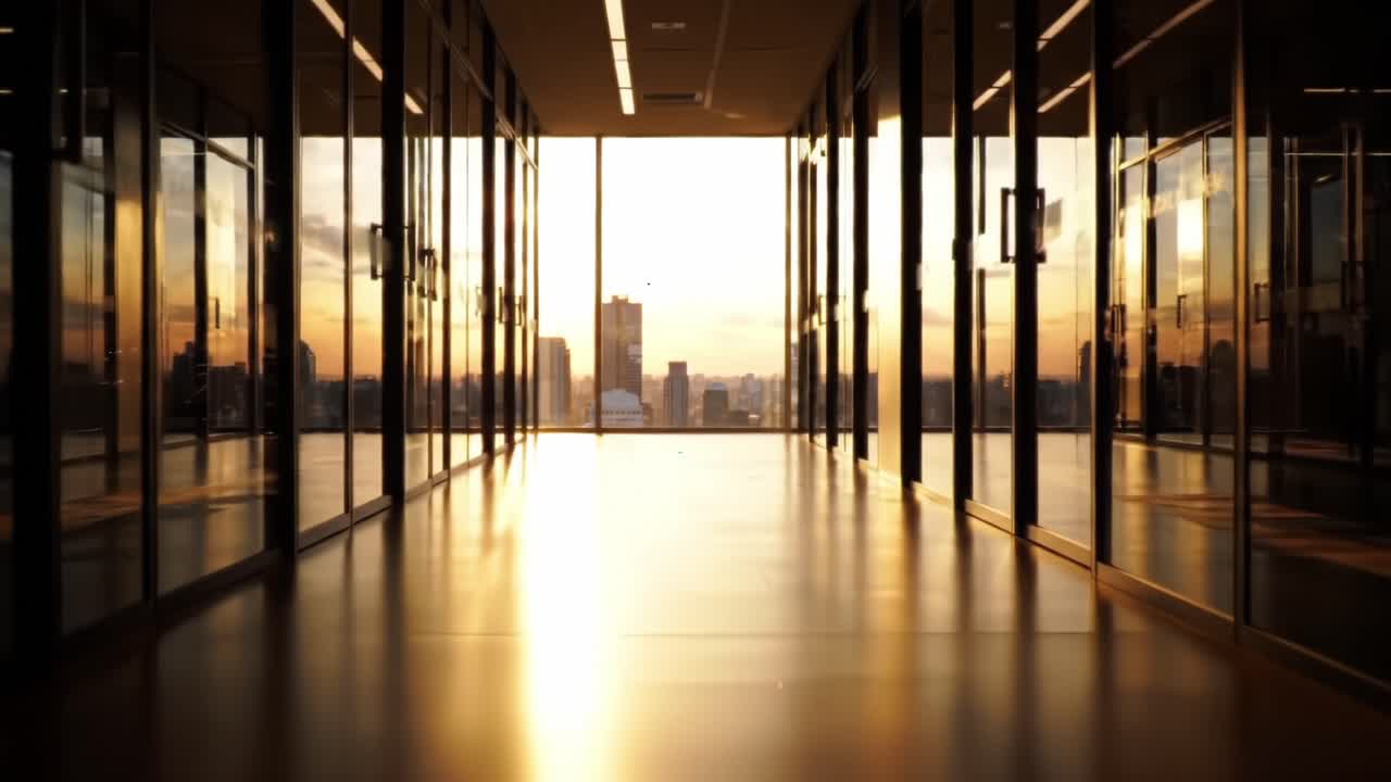 Golden Hour Serenity: A Wide-Angle View of a Modern Office Space Bathed in Sunset Light and Reflection through Glass Walls
