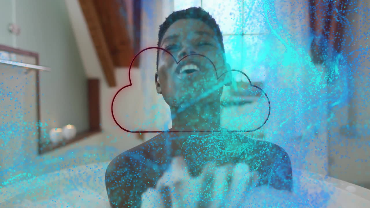 woman leaning back blowing bath foam in beauty campaign, showcasing cloud and particle effects