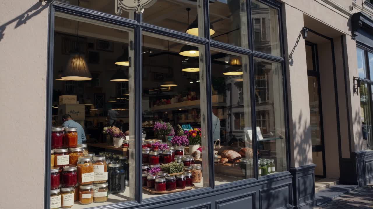 Video von einem gemütlichen Bäckereiladen mit einem Weitwinkelblick, der Gläser und Gebäck durch große