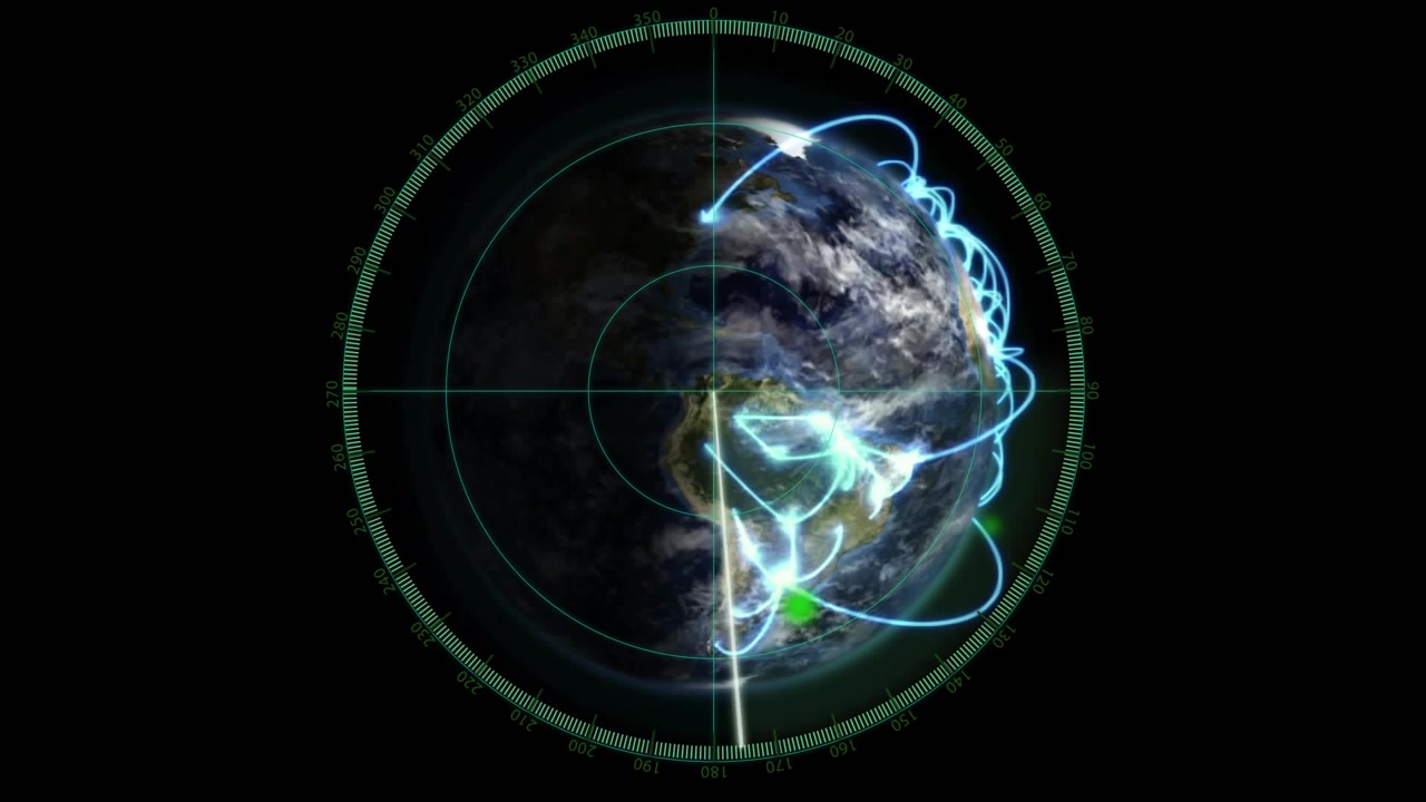 Sottile raggio bianco che avvia una scansione radar in senso orario su un globo semi-illuminato, mentre archi blu mappano i collegamenti.