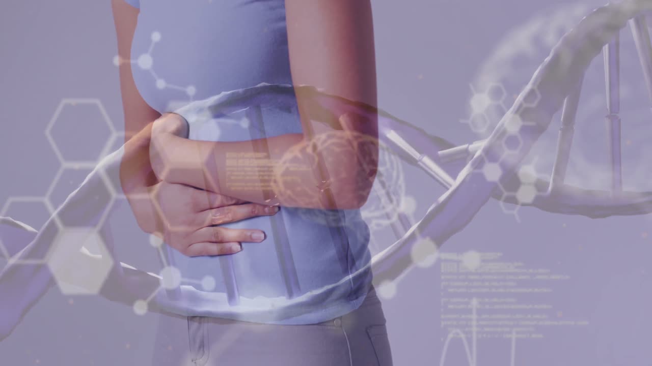 dna 줄무와 두뇌 다이어그램의 애니메이션은 두 인종의 여성이 배를 들고 있는 중간 부분에 있습니다.