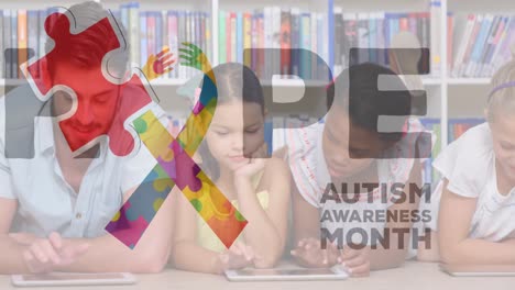 animation of hope, autism awareness month and colorful ribbon over diverse pupils at school