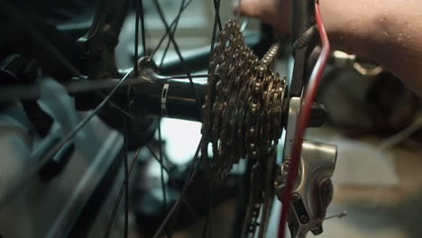 vista de cerca: reparación de bicicletas, cadena de bicicleta inspeccionada y limpiada en el taller