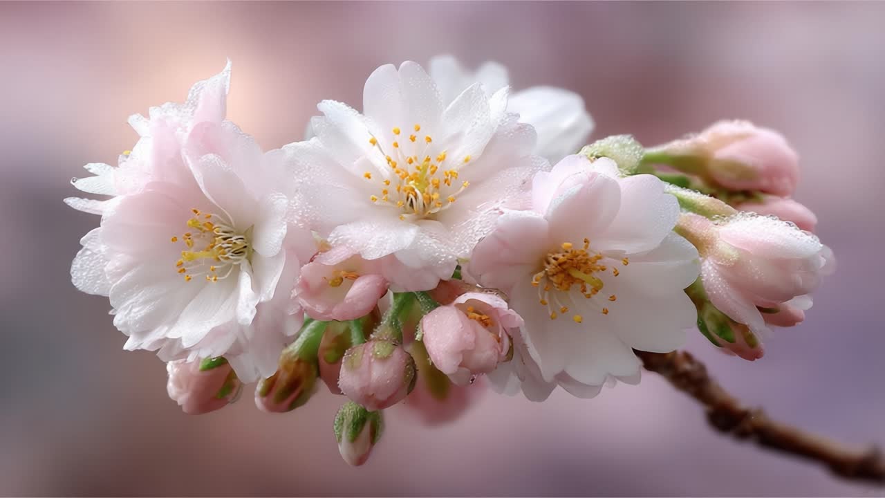 Delicate Cherry Blossom Blooms Showcasing the Beauty of Spring: A Close-Up Exploration of Soft Pink Petals with Dewdrops Catching the Morning Light