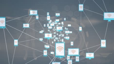 animation of network of connections over data processing on black background