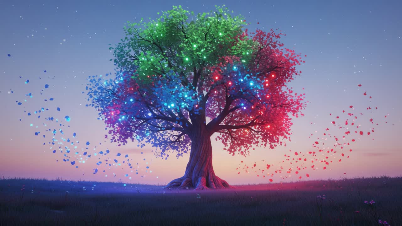 A Vibrant Tree Illuminated by Colorful Lights and Blossoms Under a Starry Sky, Capturing the Beauty of Nature and Imagination in a Magical Setting