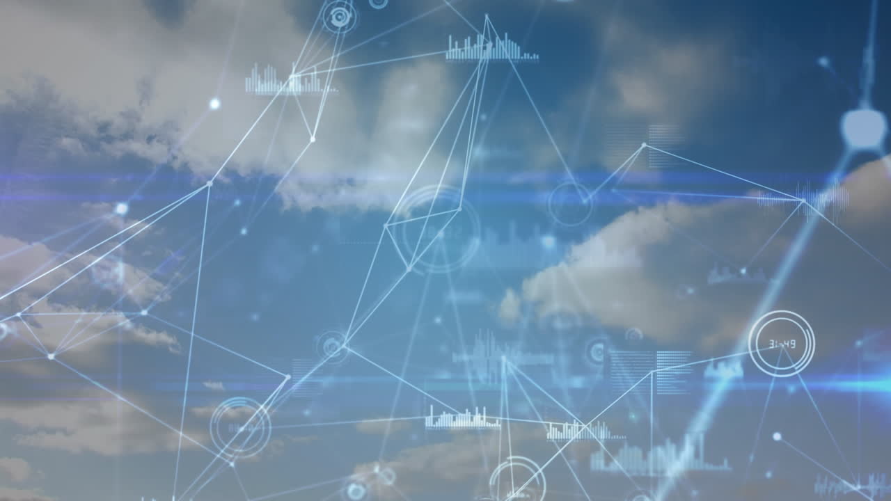 animación de la red de conexiones sobre el cielo con nubes