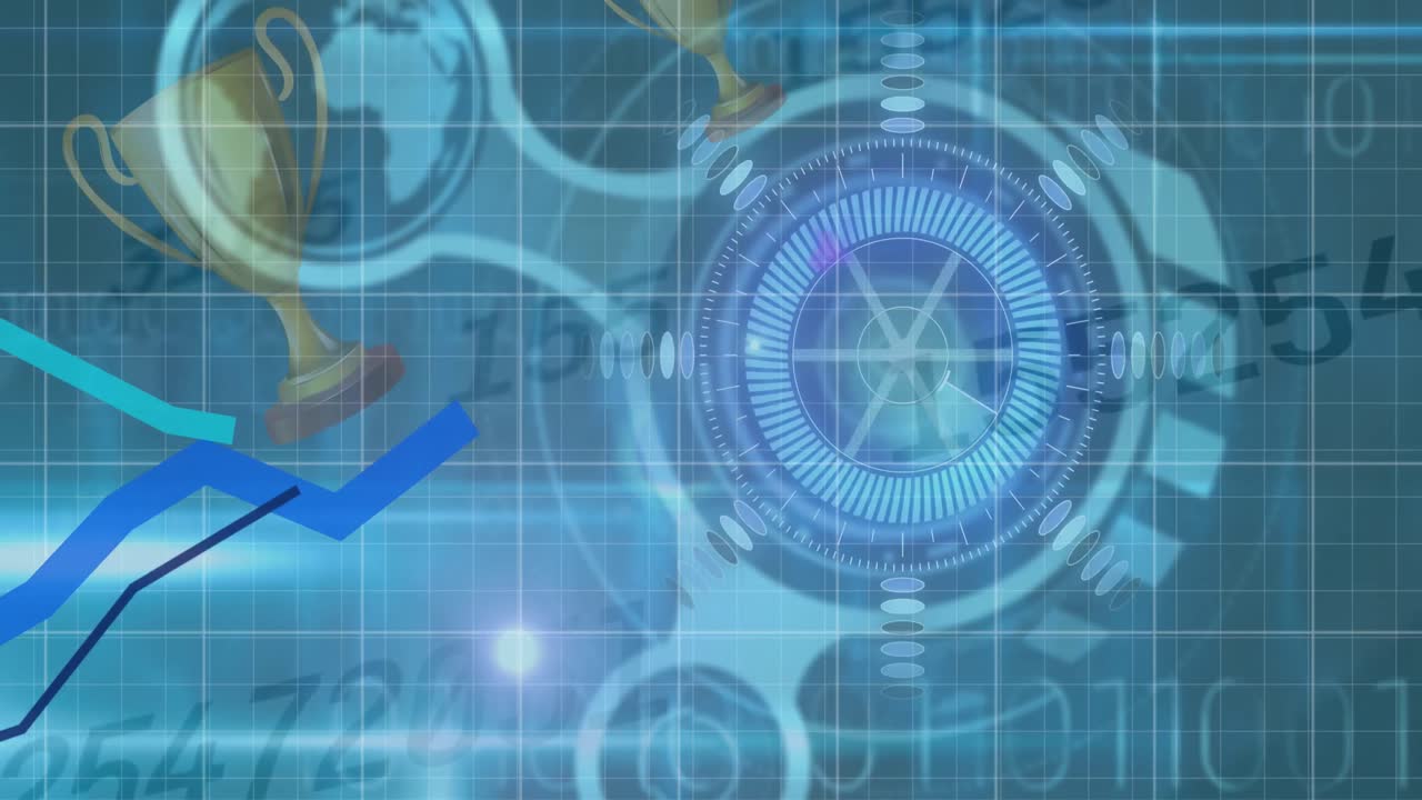 파란색 배경에 둥근 스캐너를 통해 여러 트로피 아이콘과 그래프의 애니메이션