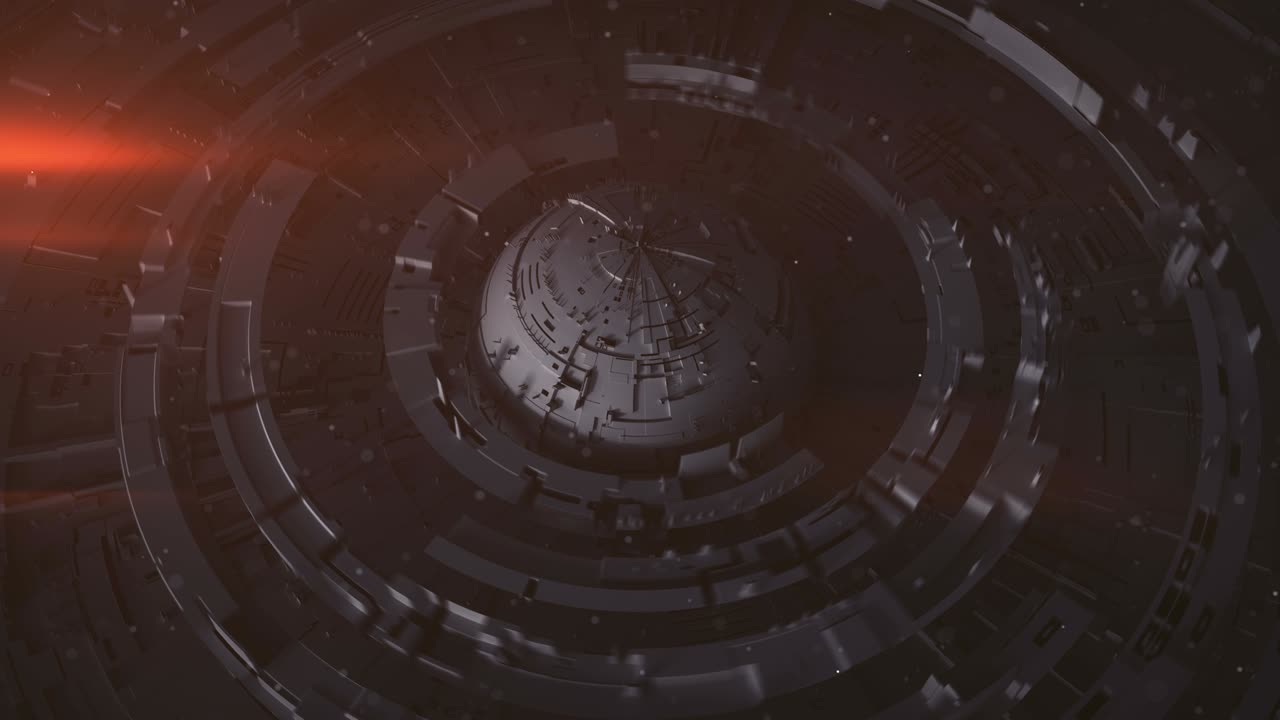 Animazione renderizzata in 3D in loop continuo di una costruzione meccanica sferica rossa