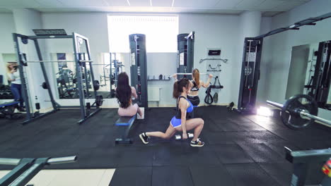 women working in gym. young beautiful girls wearing sports wear doing exercise at gym