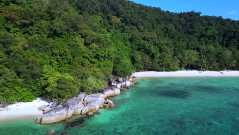 Paraíso-Tropical,-Aislada,-Serena-Playa-De-Arena-Junto-A-Un-Frondoso-Bosque,-Aguas-Cristalinas-Y-Azules.