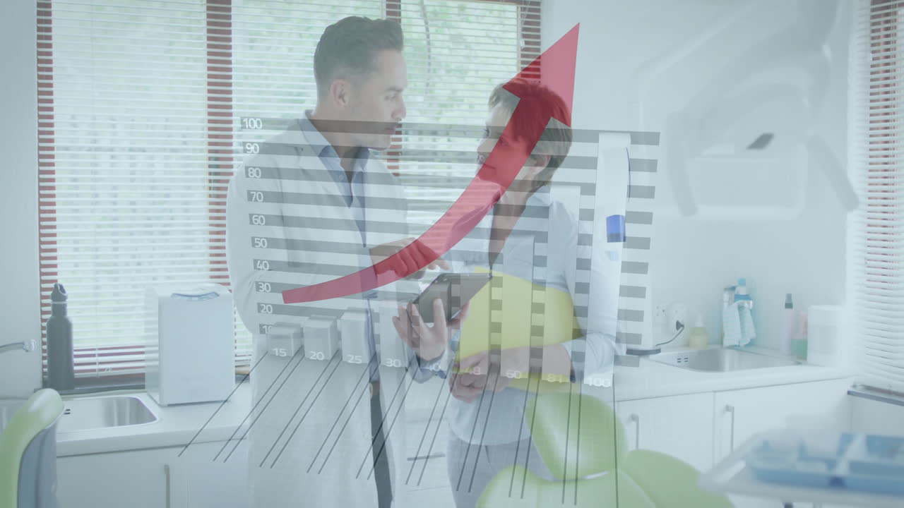 doctor showing tablet data with patient in medical room, with animated rising-bar chart overlay
