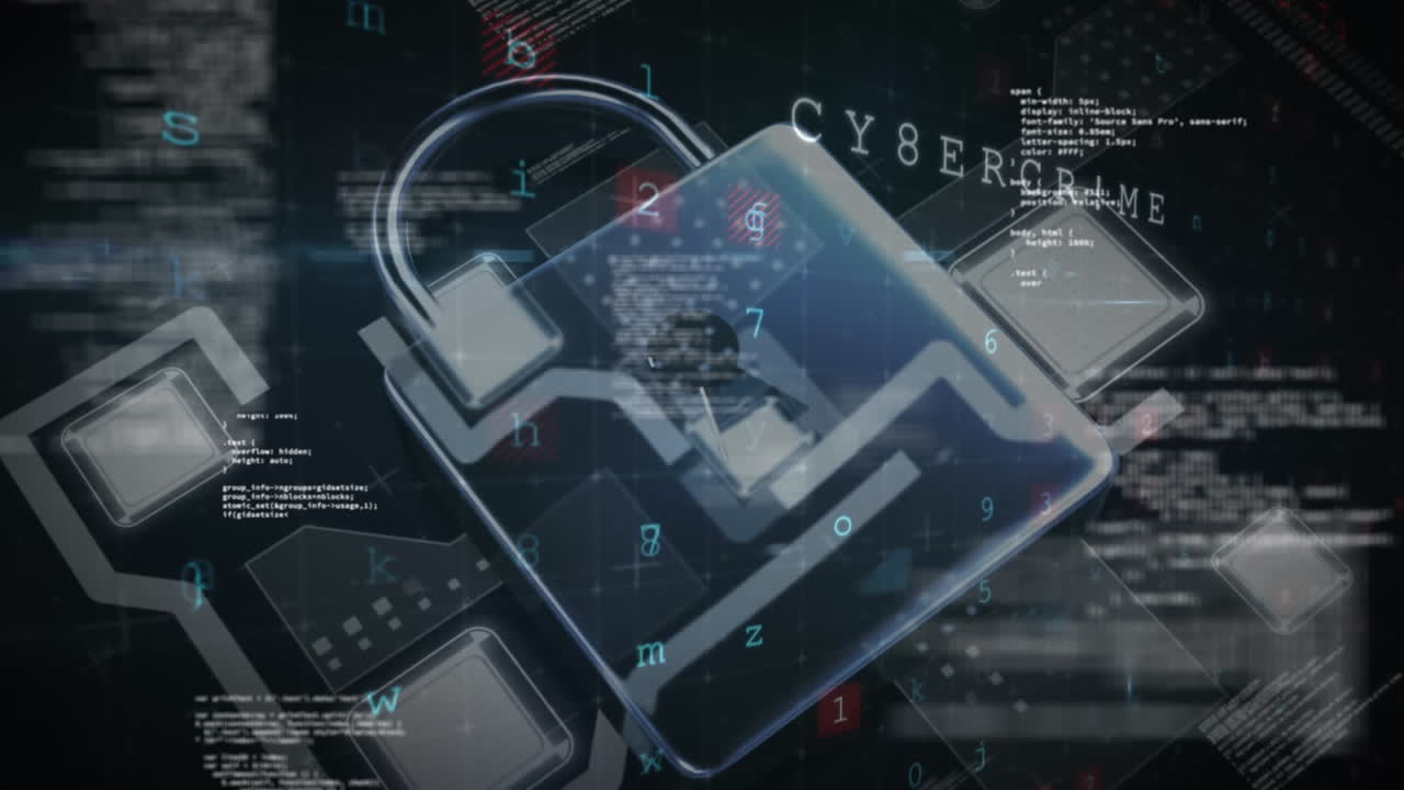 Animation of letters, numbers, texts, symbols over padlock and squares against computer language