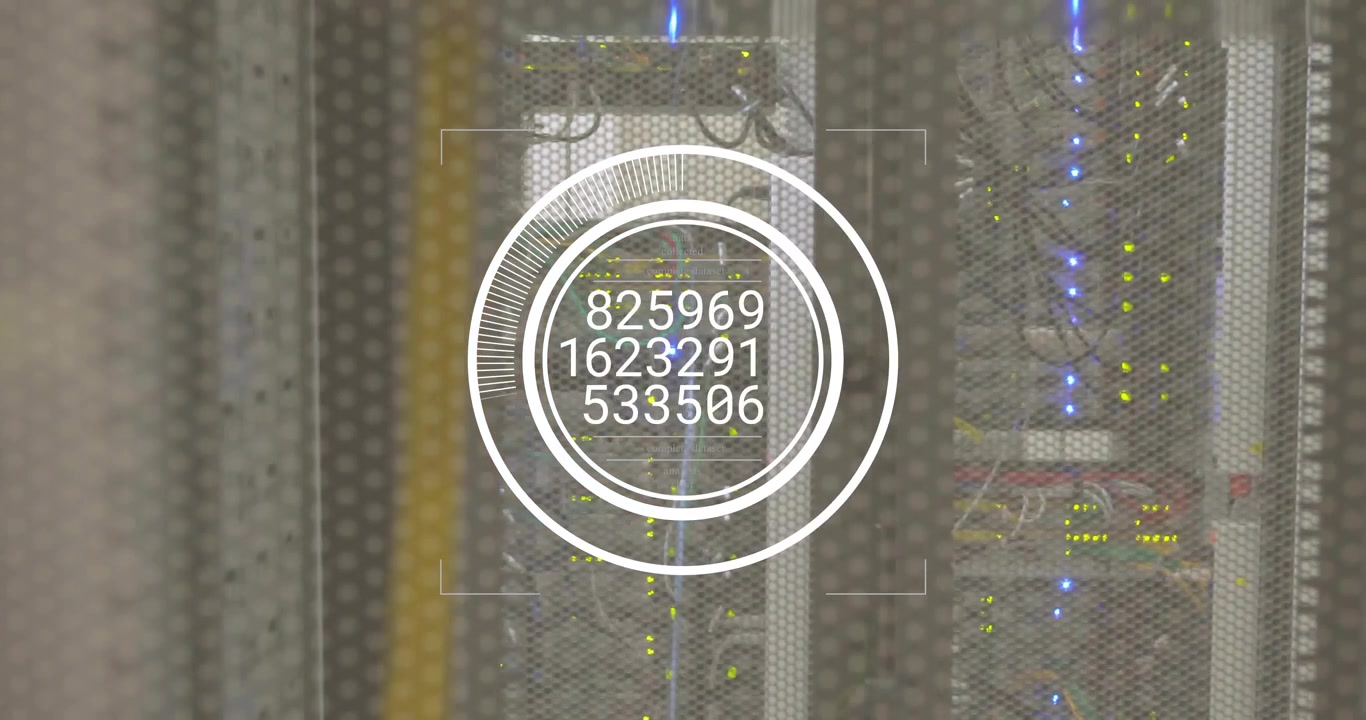 Server racks being visualized in animated illustration showing data cables and rotating HUD overlay