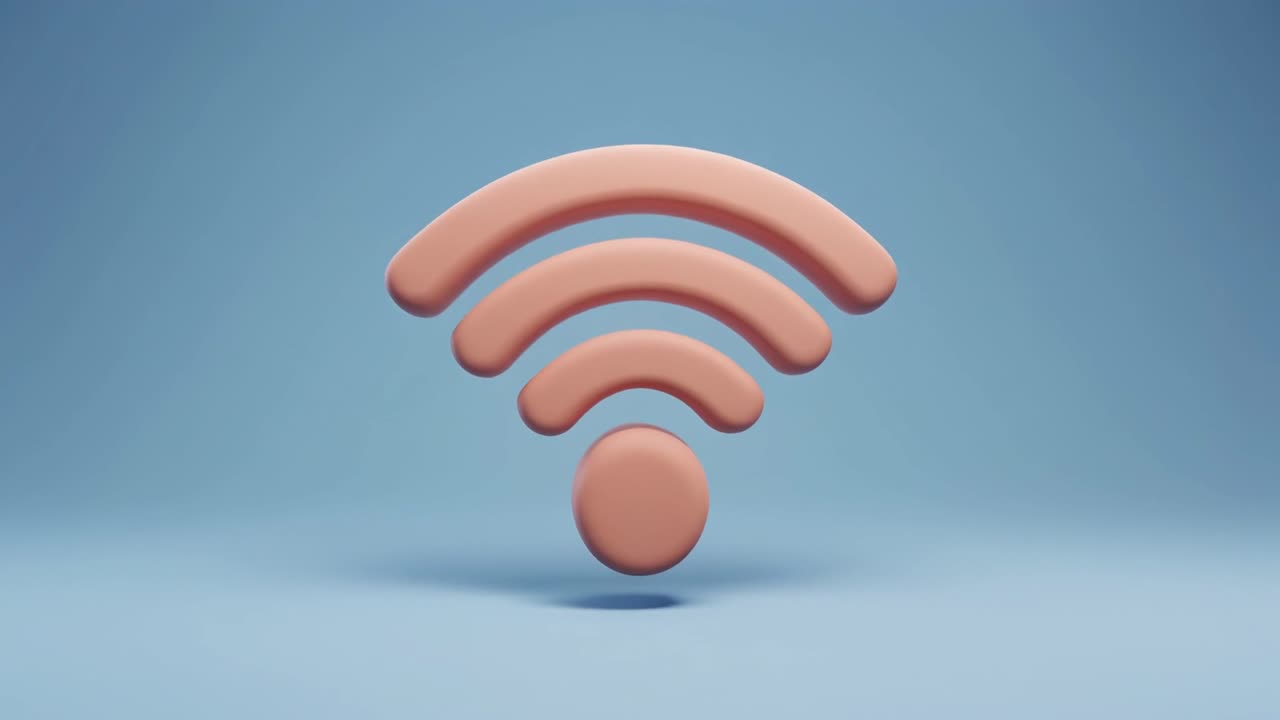 Simbol Wi-Fi Animasi 3D Muncul di Latar Belakang Biru