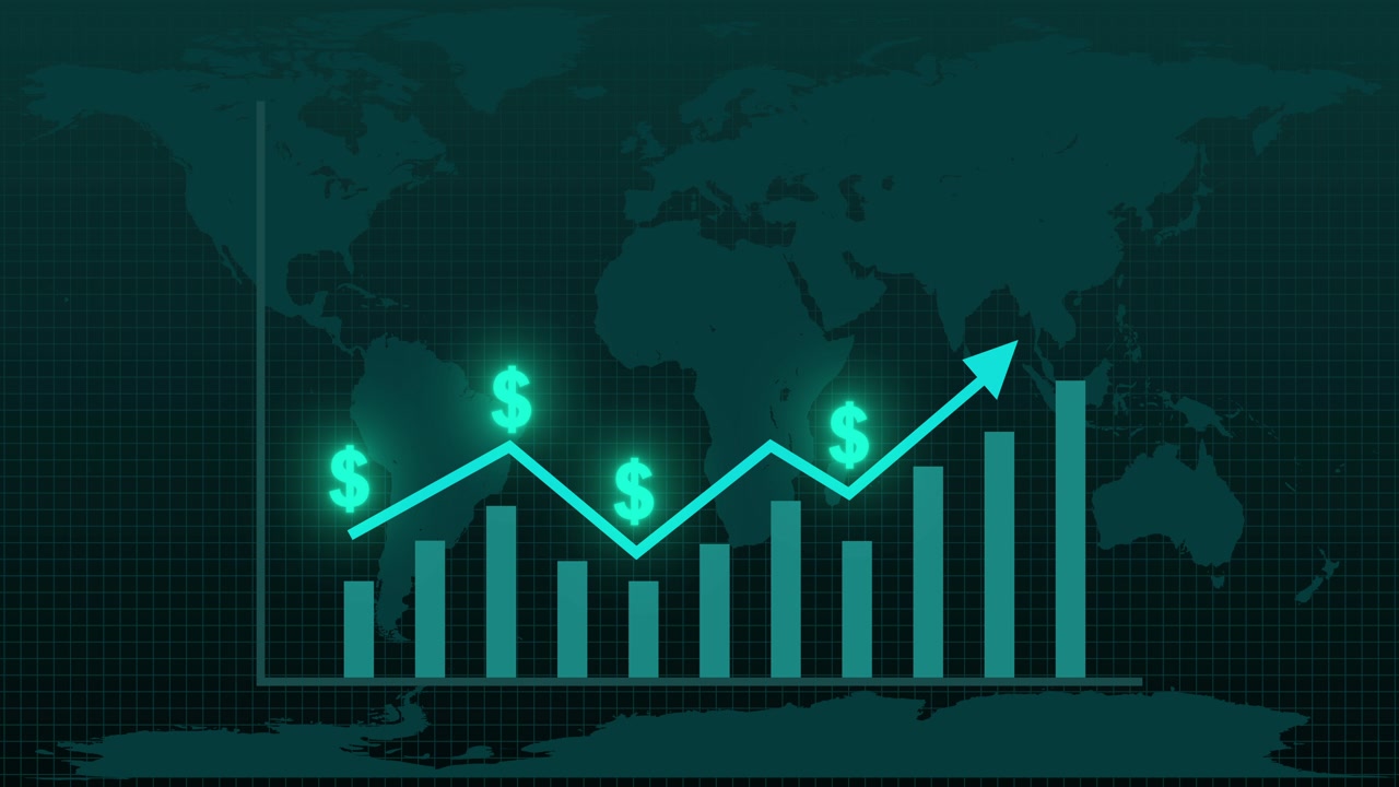 Grafico a barre finanziario animato con simboli del dollaro in aumento su mappa mondiale