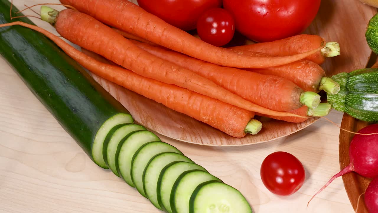 una vibrante variedad de verduras frescas dispuestas artísticamente, mostrando una variedad de colores y texturas bajo una iluminación brillante