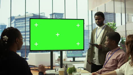 employees and investors participating in a briefing next to isolated copy space