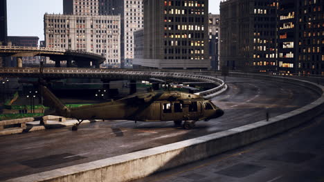 military helicopter in big city