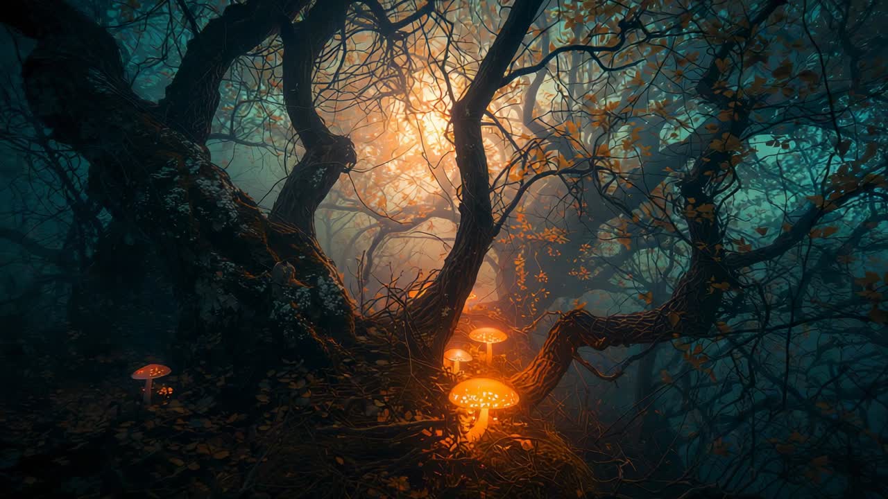 Reacting to golden light, glowing mushrooms intensifying glow on misty mossy forest floor