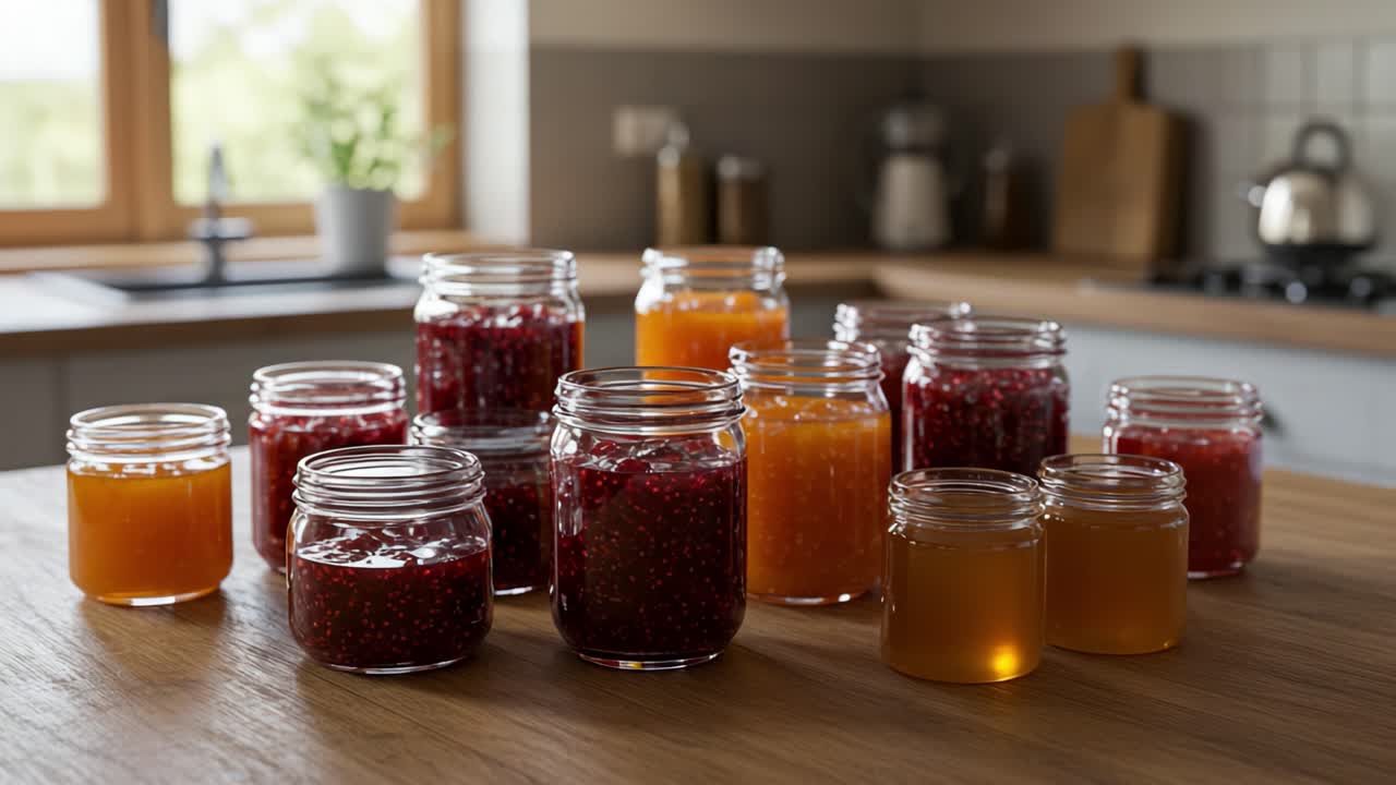 Des pots de confitures et de conserves colorés disposés sur une table de cuisine rustique, présentant une collection abondante de conserves de fruits dans diverses teintes et textures