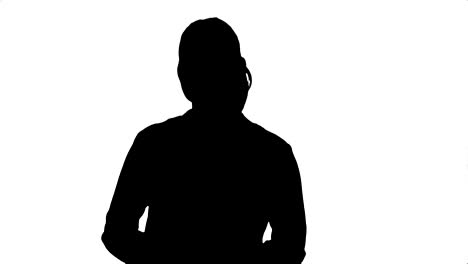 silhouette portrait of a young business woman presenting something by a hand