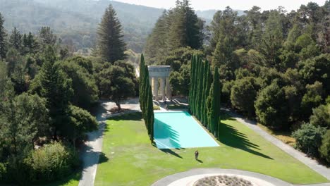 aerial: las pulgas water temple, trees and fountain