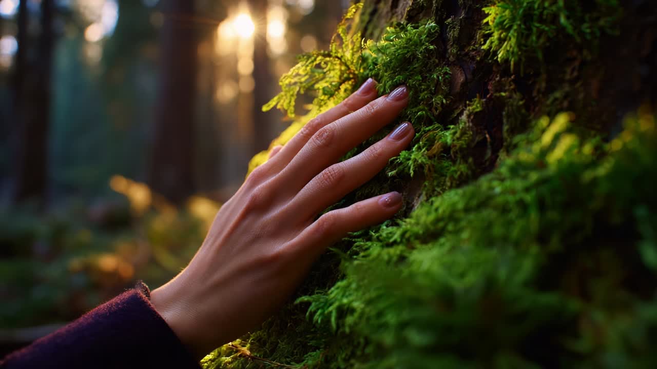 A Serene Moment of Connection with Nature: An Up-Close View of a Hand Gently Touching the Lush Green Moss on a Tree Trunk, as the Soft Glow of a Sunrise Filters Through the Forest Landscape